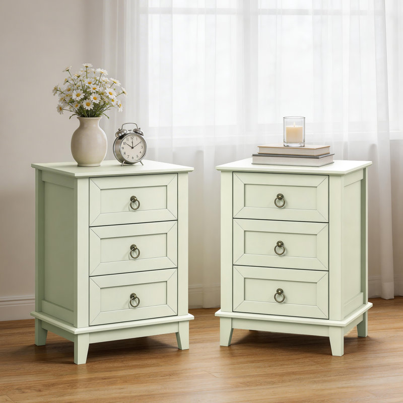 Modern 3-Drawer Wooden Nightstand,Set Of 2, Light Green