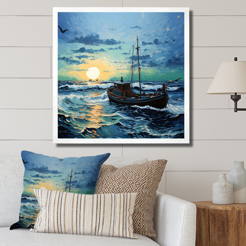 Vangogh paysage marin avec pêche II, Cadre simple blanc, H 24 po x l 24 po x P 1 po