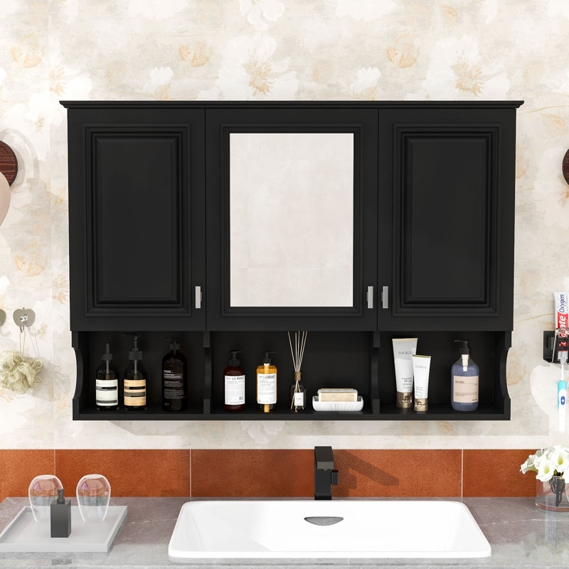 Armoire à pharmacie murale avec miroir, tablettes réglables et tablettes de rangement ouvertes, Noir