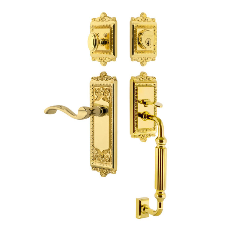 Poignée Windsor avec pêne dormant à cylindre simple et poignée en F avec levier Portofino, Nickel satiné