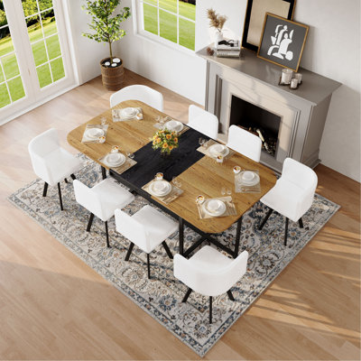 Ensemble de table de salle à manger 9 pièces 9 pièces, plateau de table fixe en fibre de bois bicolore et triamine de grain de bois avec 8 chaises en similicuir, ensemble de table de cuisine moderne pour 8 personnes, idéal pour les réunions de famille