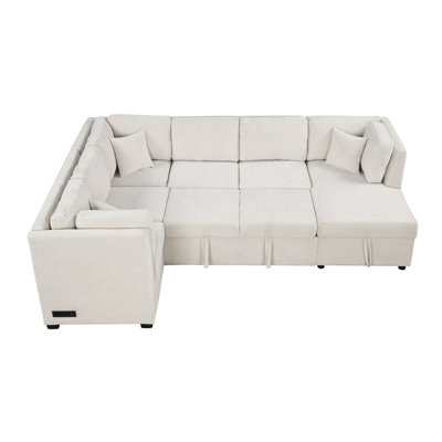 108.6" Beige Sectional With Bed, Storage & Electrical Outlet, 5 Seat U-Shaped Charging Ports