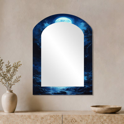 Miroir mural rustique arqué - Blue Moonlit Forest Falls, imprimé sur métal