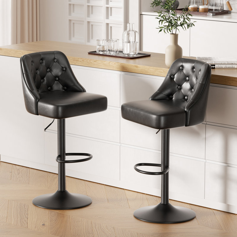 360-Degree Rotatable Faux Leather Bar Stool With Button Stitching, Balck
