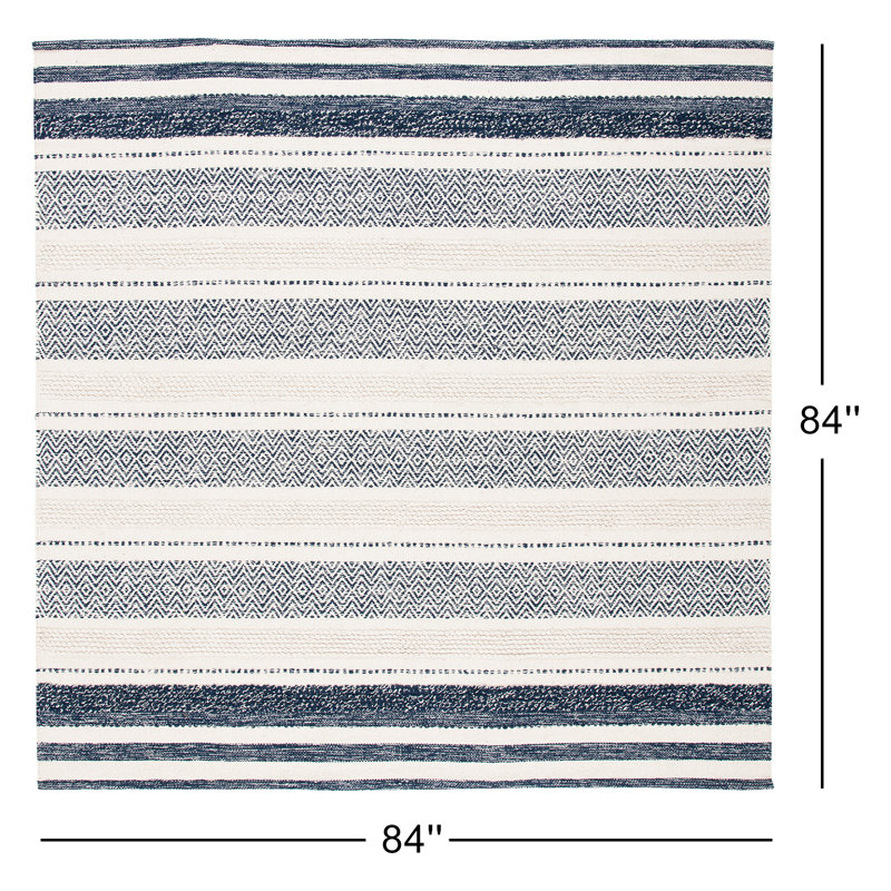 Tapis ivoire / bleu marine en coton tissé à plat à la main Addilyn, Carré 7 pi