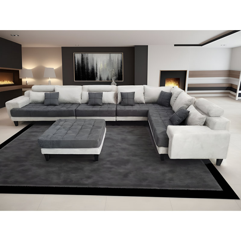 Mandey Upholstered Sectional Reversible, Light Gray/Dark Gray Microfiber/Microsuede