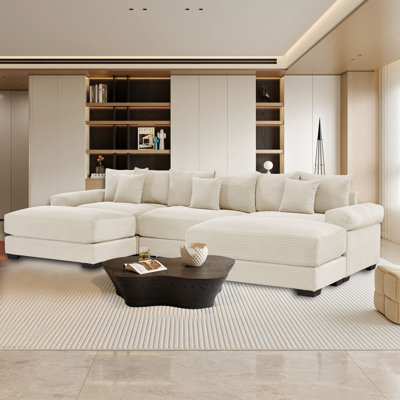 Modern stycle 3-Seater Oversized Corduroy Sofa set with two ottomans, Extra-Wide Seats and Plush Armrests, Throw Pillows
