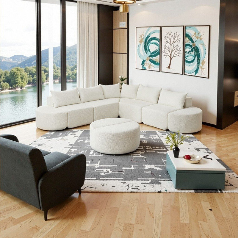 Canapé modulaire modulaire en chenille avec repose-pieds incurvé - Forme en V ou droite, aucun assemblage requis, Beige