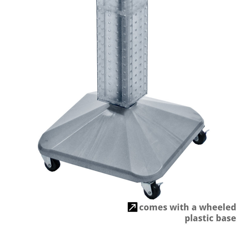 Présentoir de plancher à quatre côtés en équerre sur base pivotante à roulettes. Tour Spinner Rack. Taille du panneau: l 4 po x H 60 po