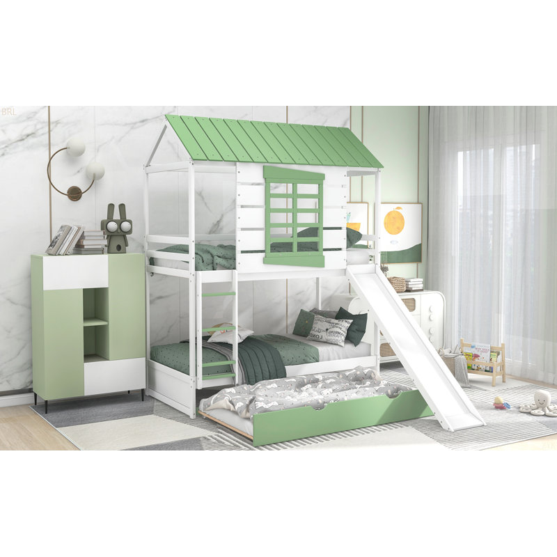 Lit superposé simple au-dessus de simple avec glissière convertible et lit gigogne, blanc et vert