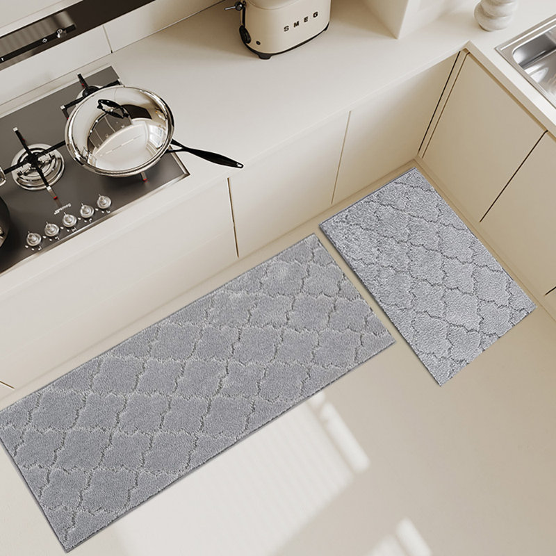 Ensemble de 2 tapis de cuisine, lavables, polyester, antidérapants, Gris clair