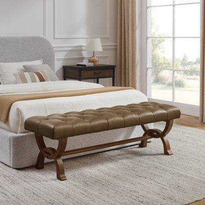 Herman 59.45 " W Tufted Full Grain Genuine Leather Upholstered Bench with Solid Ash Wood Frame
