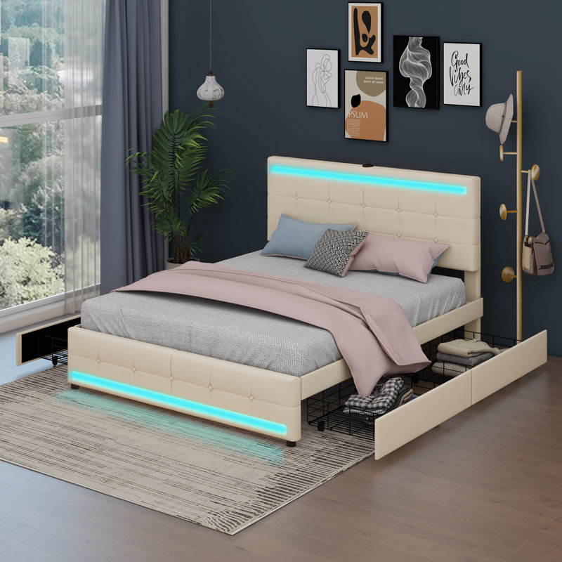 Lit double tapissier avec lumière DEL Kymbria, 4 tiroirs, Beige
