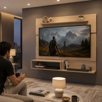 Meuble télé mural flottant Latitude Run® pour téléviseurs de 55 pouces avec étagères ouvertes et rangement multimédia