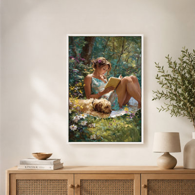Woman Reading Book Floral Forest with Dog Canvas Wall Art with Floating Frame, Ready to Hang