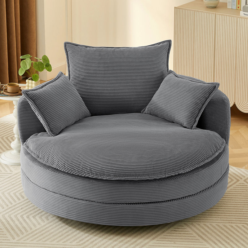 Fauteuil pivotant à 360° avec coussin double couche, 3 oreillers, rotation et construction fluides, 57,5 ​​pouces, base avec coussins de soutien gris.