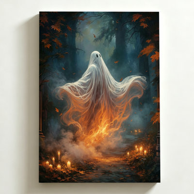Tableau sur toile d'Halloween 40 x 60 cm. Une silhouette fantomatique émerge des flammes dans une forêt brumeuse, entourée de bougies. Impression sur toile d'art numérique fantastique. Décoration murale moderne pour chambre, salon et bureau.