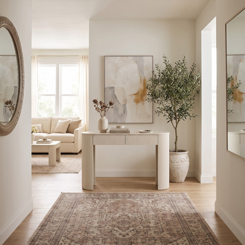 Console moderne avec façades de tiroirs cannelées, plateau ovale et pieds incurvés de style colonne – Table de rangement d'entrée avec 2 tiroirs pour salon et couloir