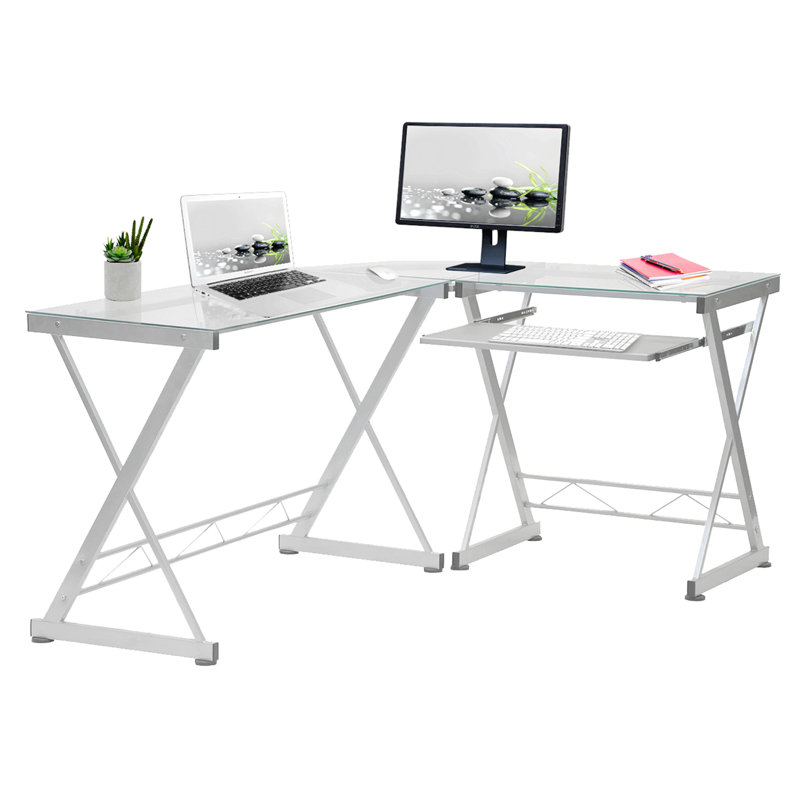 Techni Mobili L-Shaped Tempered Glass Top Computer Desk With Pull Out Keyboard Panel, Clear