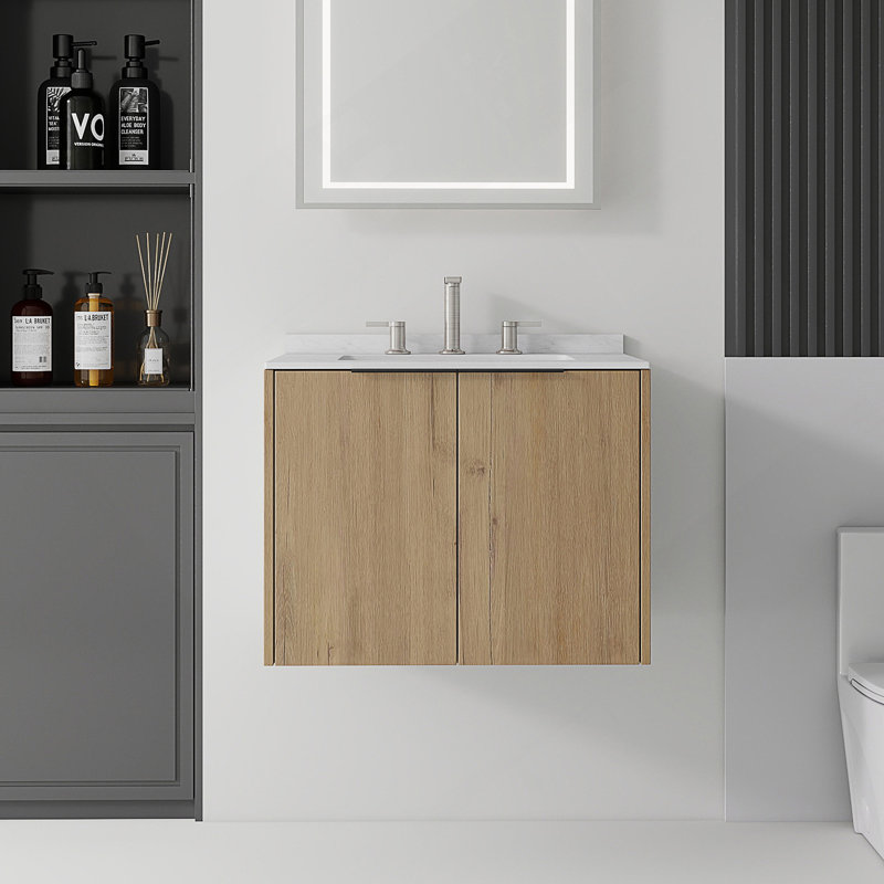 Meuble-lavabo suspendu avec comptoir en marbre reconstitué et porte à fermeture en douceur, Light Oak, 24" W