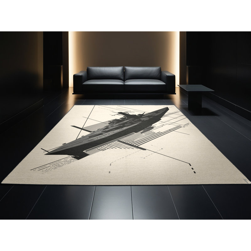 Machine Washable Eldred Naval Battleship Sleek & Chic Modern Geometric Rug in Beige – Black Binding, 5x7