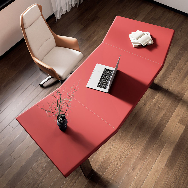 Red Free Form Solid Wood+Barenia desk, 29.53" H x 86.61" W x 31.5" D