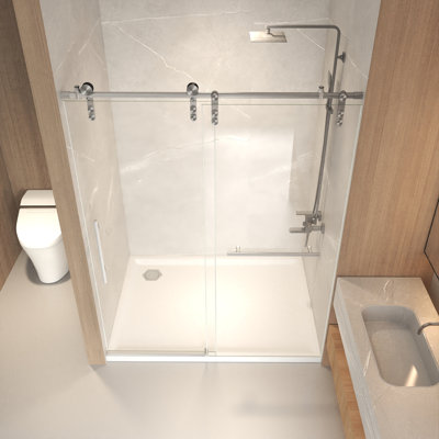 56-60" x 76" H Frameless Sliding Shower Door, 5/16" (8mm) Clear Tempered Glass, Stainless Steel Frame