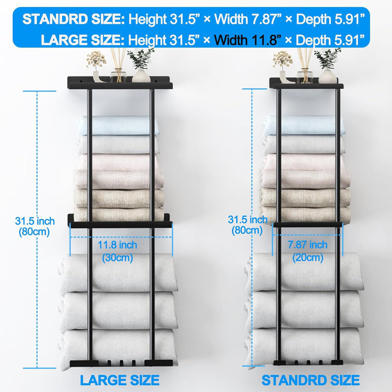 Porte-serviettes mural vertical avec tablette - Organisateur de salle de bain peu encombrant pour serviettes roulées, peut contenir jusqu'à 6 grandes draps de bain, fabrication robuste en acier inoxydable