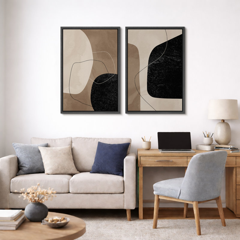 Mid Century Shape "Warm Brown & Faded Black Abstract Lines Artwork, Modern Minimalist Neutral Wall Pictures, Framed Canvas Giclée Print 2 Pieces Wall Art" 16x24x2 pcs, 24x36x2 pcs