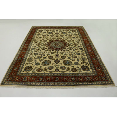 Tapis unique en laine noué à la main style Kashmar des années 1980 de 9 pi 11 po x 13 pi 1 po beige