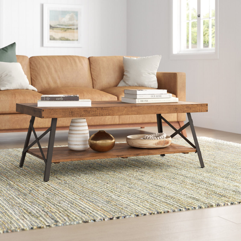 Laguna Solid Pine Coffee Table with Open Storage Shelf and Dark Metal X-Frame, Natural Pine Brown