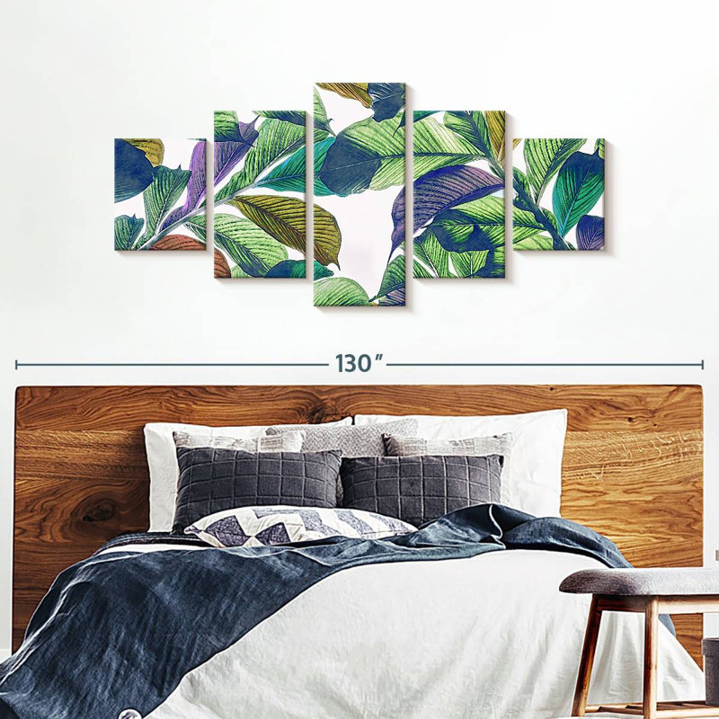 Feuille de bananier, feuilles vertes sur toile, ensemble de 5 pièces, H 42 po x l 92 po x P 1,25 po