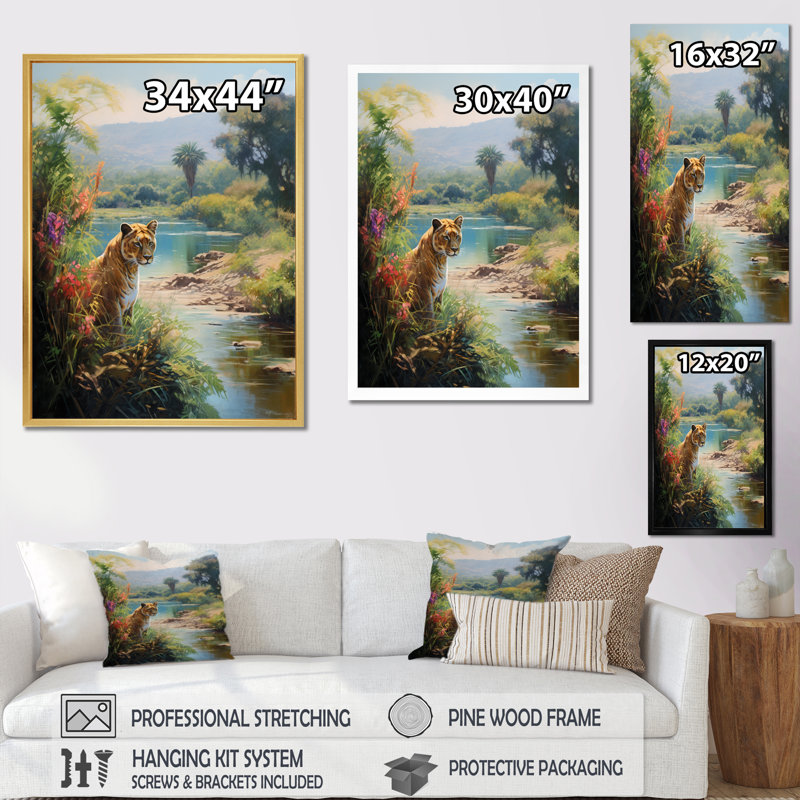 Green Panther Impressionist Retreat sur toile, Cadre flottant doré, H 40 po x l 30 po x P 1,5 po