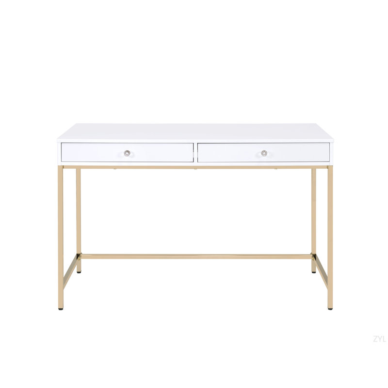 White High Gloss & Gold Finish Writing Desk, White/Gold