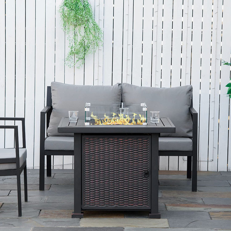 Bulhary Square Propane Gas Fire Pit Table, 50000 BTU Rattan Smokeless Firepit Patio Heater with Glass Screen