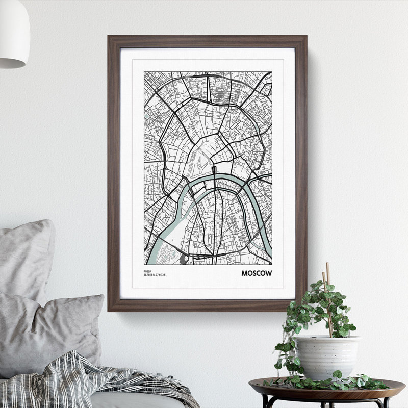 Map Moscow Russia - Picture Frame Graphic Art, 90cm H x 65cm W x 2cm D, Walnut