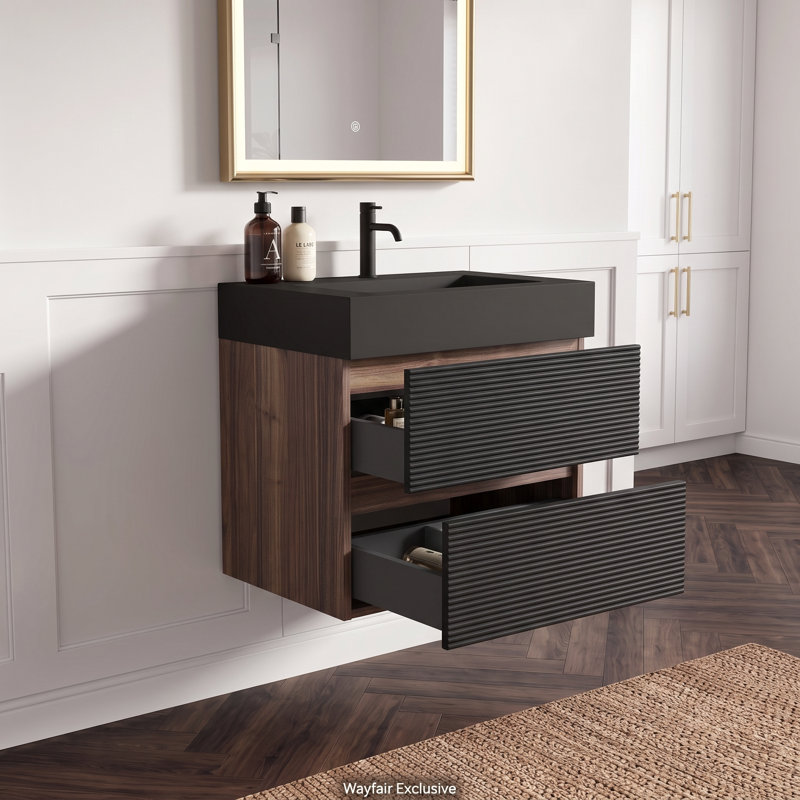 Meuble-lavabo mural moderne 24 po brun avec lavabo à surface solide noir mat, tiroirs souples, Noir et brun, 24''