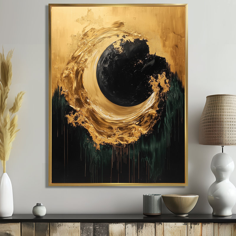 «Black Gold Modern Eclipse Moon», reproduction sur toile encadrée moderne, H 20 po x l 12 po, Doré