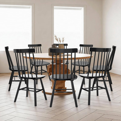 7-Spindle Narrow Back Windsor Dining Chairs, Set of 8, Solid Hardwood Kitchen & Dining Room Seating, Black
