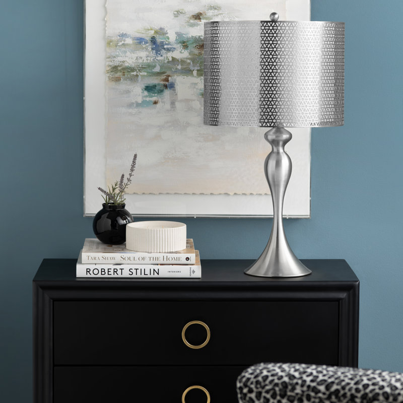 Set Of 2 Steel Table Lamps with Metal over Linen Double Drum Shade, Silver