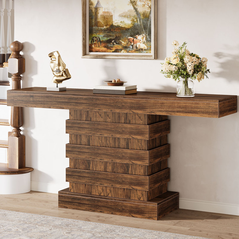 Rustic Brown 63-Inch Wooden Console Table with Storage