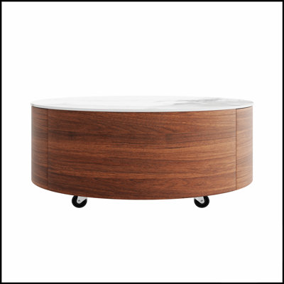 Table basse ronde moderne mobile avec roulettes, 2 tiroirs et plateau en marbre fritté durable