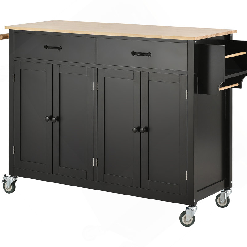 Kitchen Island Cart With Solid Wood Top And Locking Wheels, 4 Door Cabinet And Drawers, Black