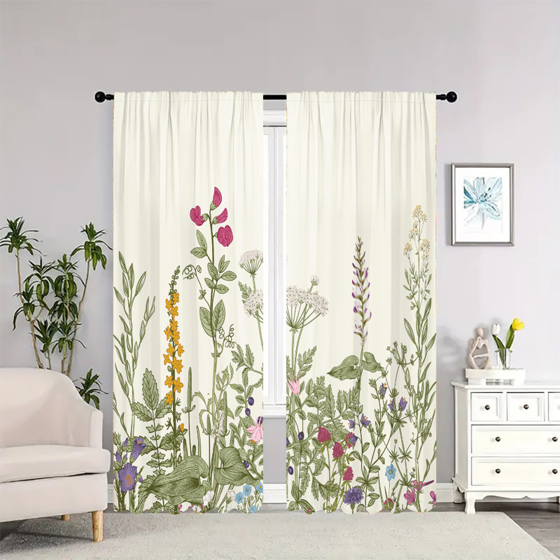 2Pcs Botanical Wildflower Curtains Rod Pocket Cotton Polyester Blend Floral Garden Design Colorful Meadow Flowers Pattern Natural Light Filtering Panel Drapes for Living Room Bedroom Kitchen Window Treatment Home Decor
