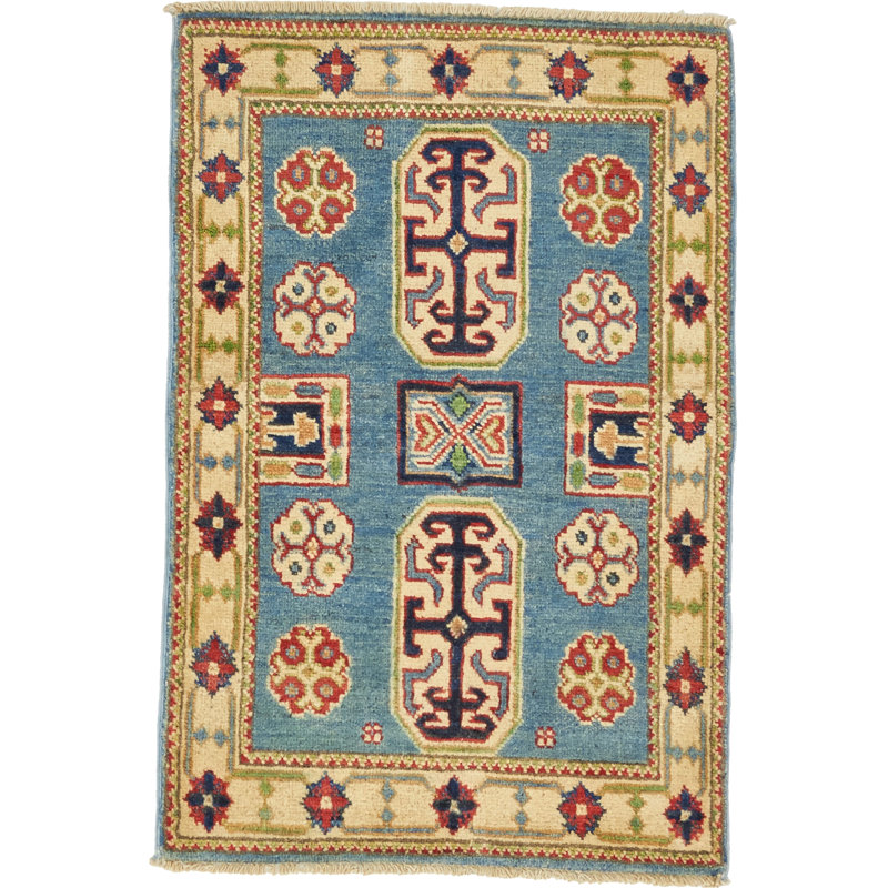 Tapis de zone en laine beige/bleu 2 pi x 3 po à la main one-of-kind noué la Alayna
