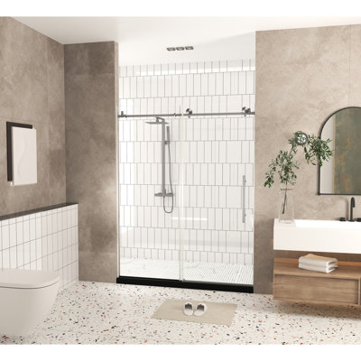56 - 60" W X 76" H Shower Door 1/4" (6 Mm) Clear Tempered Glass With Proof Film Stainless Steel Handle In Brushed Nickel For Bathroom Large Wheels And Round Tracks Stable Smooth Operation Water