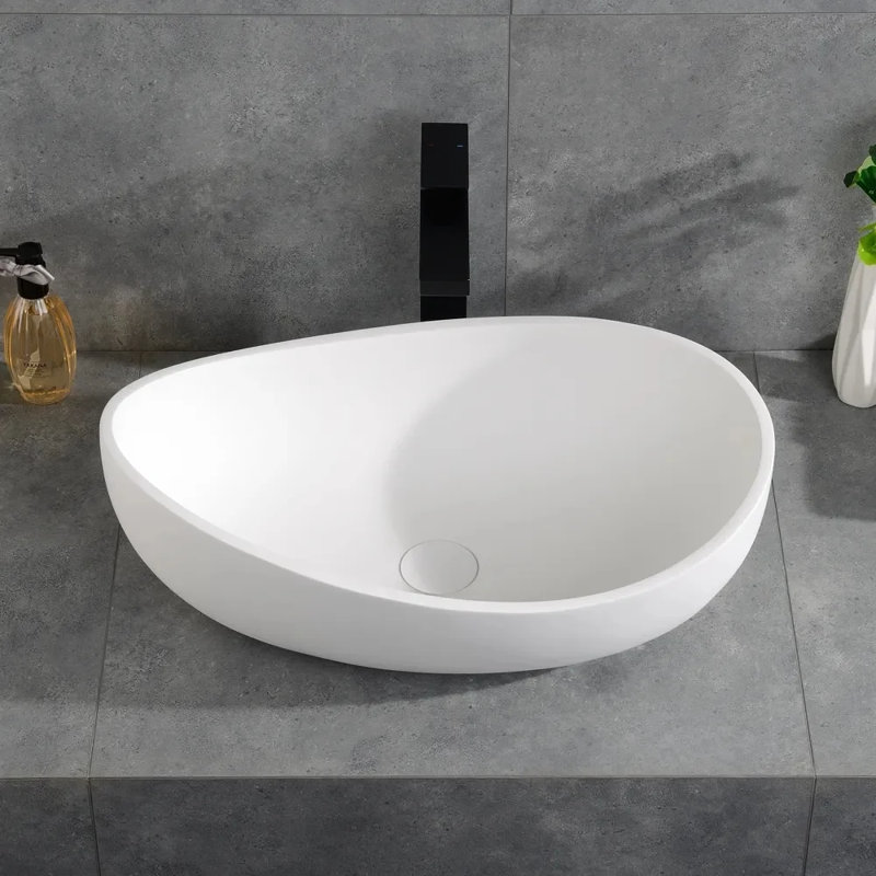 Oval Vessel Sink Stone Resin Bathroom Sink Modern Art Sink Matte White with Pop Up Drain (Matte White)