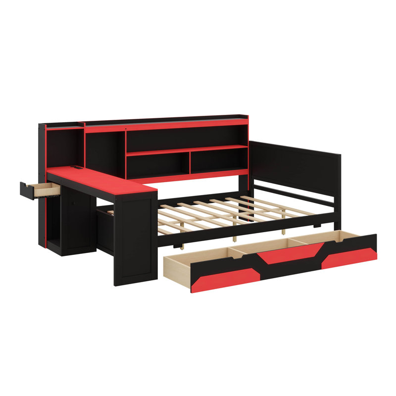 Lit de jour moderne pour les amateurs de divertissement, avec bureau intégré et éclairage, cadre de lit en bois à 3 sections avec rangement pour livres
