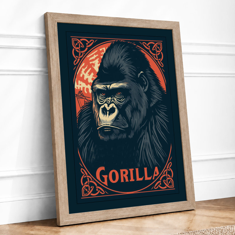 Gorilla Rising Retro - Framed Print, A3 - 42.0 x 29.7 cm, Oak