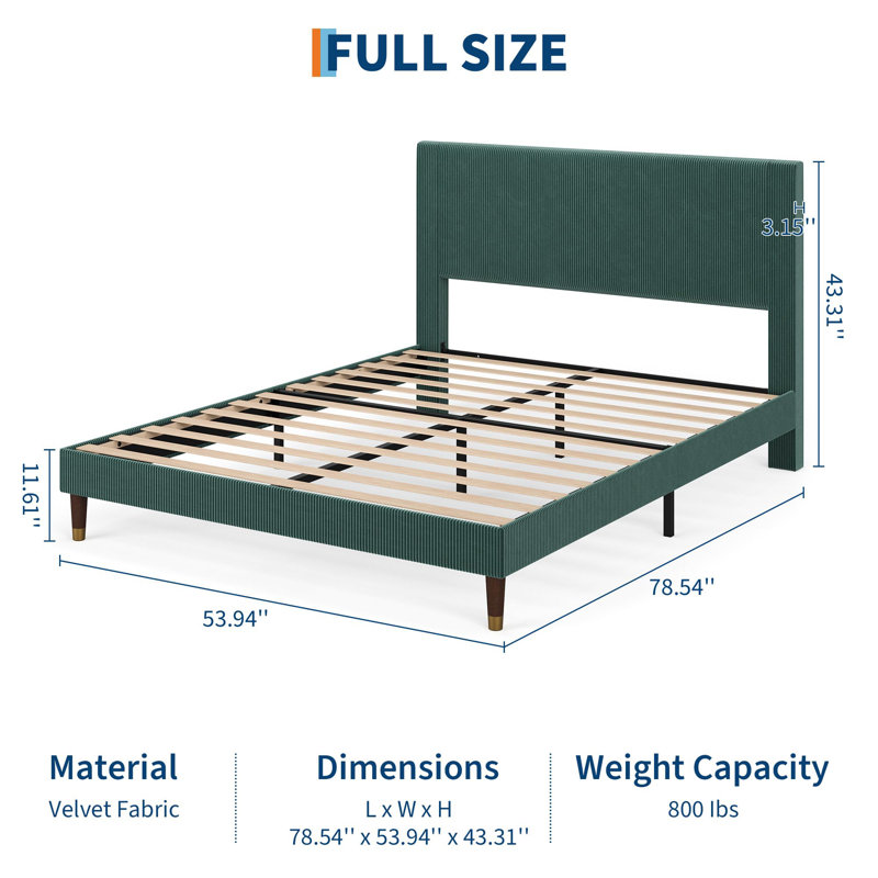 Structure de lit double avec tête de lit, lit plateforme tapissier en velours côtelé avec support en lattes de bois, aucun sommier nécessaire